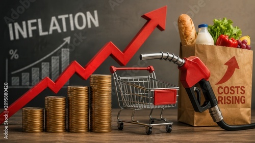 Rising inflation and increasing living costs with fuel prices groceries and economic pressure trends