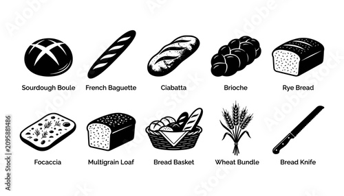 Bild auf Leinwand Bread Types and Baking Tools Icon Set with Black Silhouettes and Labels Featurin