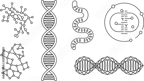 Foto DNA double helix and molecular structure line icon set for genetics biotechnolog