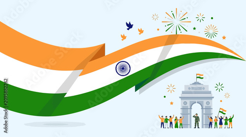 Celebration of Indian Independence with Flag, Fireworks, and Crowd at India Gate