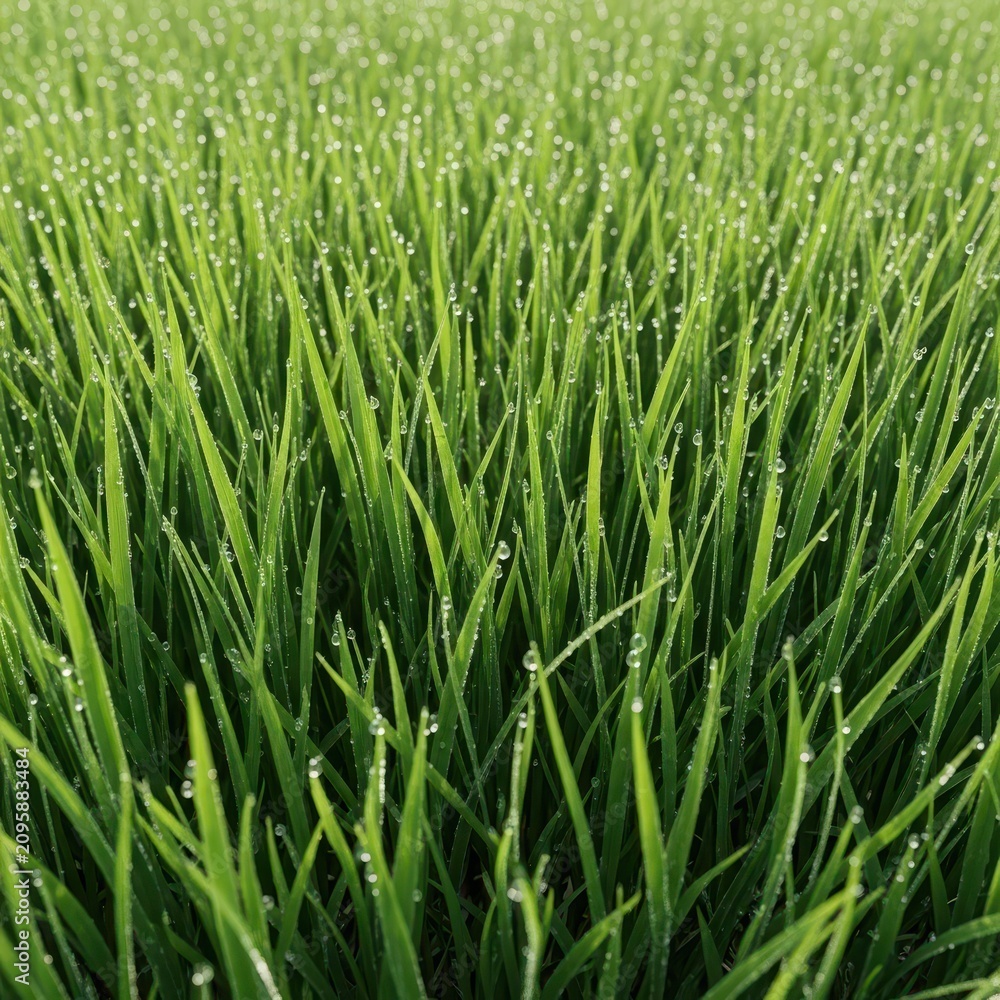Obraz premium Lush green blades of fresh meadow grass grow densely under bright sunlight, showing delicate morning dew drops and vibrant organic textures, texture, vibrant, field