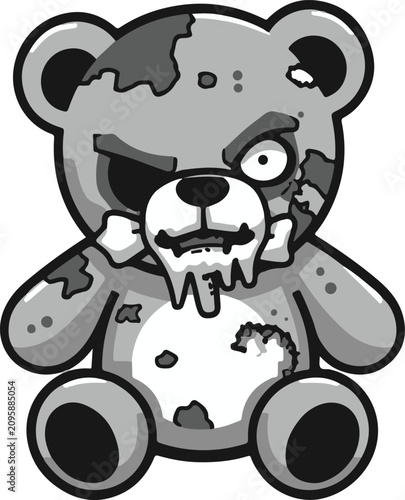 Vászonkép A creepy, desaturated zombie teddy bear illustration with a vacant stare and tattered fur, gnawing on a bone