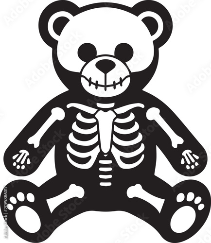 A black and white illustration of a teddy bear with its skeleton visible, symbolizing a blend of childhood innocence and morbid curiosity.