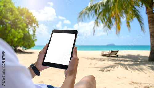 Person Using Digital Tablet While Relaxing On Tropical Sandy Beach With Palm Trees And Blue Sky