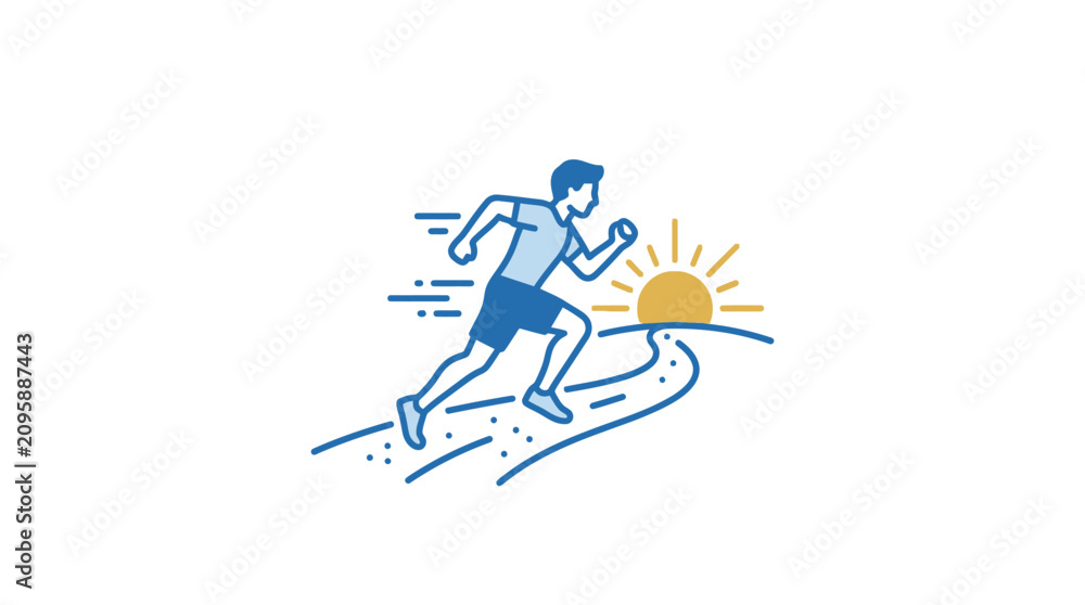 Obraz premium A stylized illustration of a person running on a path towards the rising sun