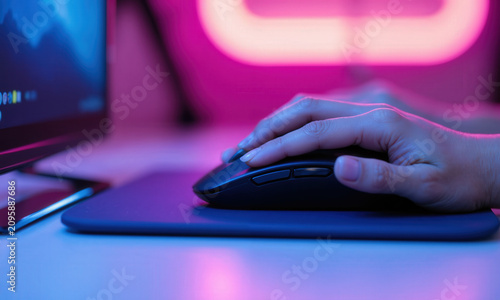 Mouse pad sheen close up of a female hand using a computer mouse on a glossy surface in a room with pink and blue neon lights