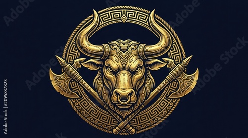 Golden bull head with crossed axes circle emblem.