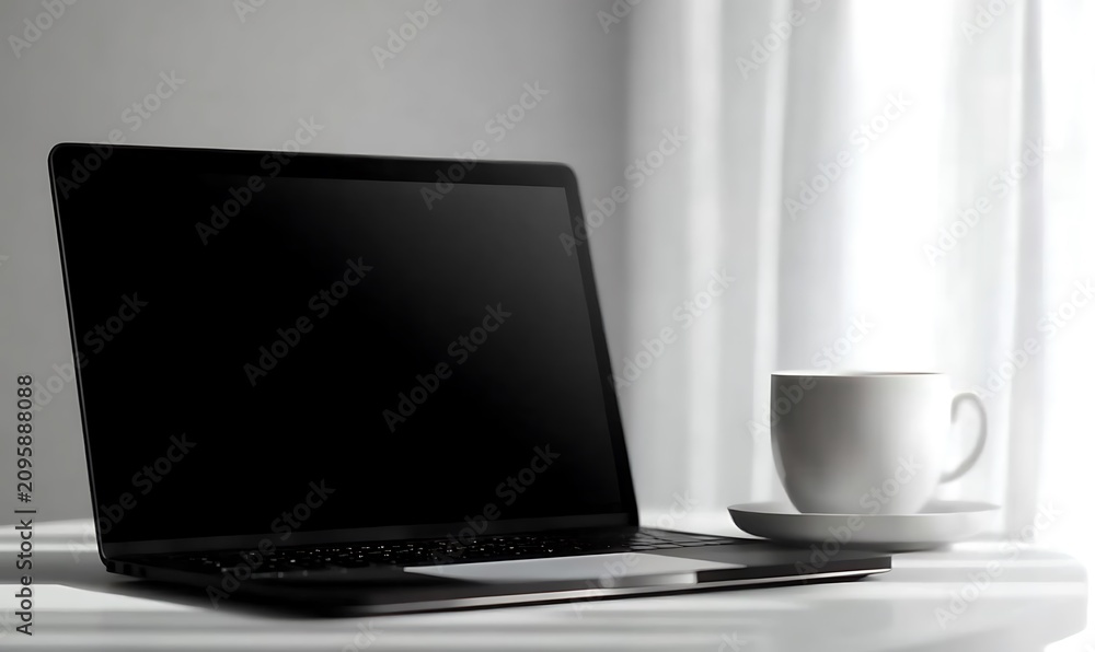 Fototapeta premium Laptop and coffee cup on table, symbolizing work, productivity, and remote work lifestyle.