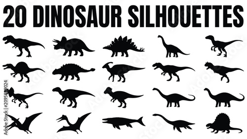 Foto Collection of various dinosaur silhouettes on white background for design