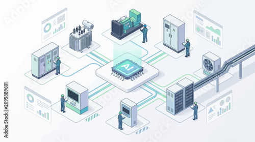 Isometric vector illustration of AI smart factory automation power grid management system with engineers monitoring industrial machinery network