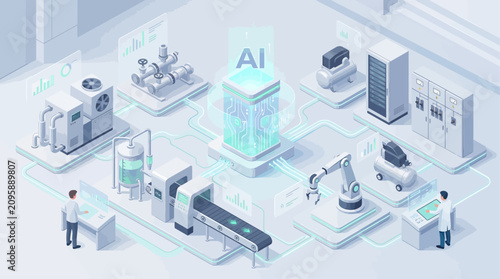 Isometric Smart Factory Vector Illustration with AI Control Center, Automated Assembly Line, Robotic Arm, and Engineers Monitoring Industrial Production in Futuristic Blue Style