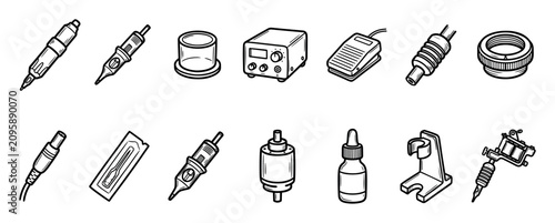 Set of professional tattoo artist equipment icons with a pen machine, coil gun, power supply, foot pedal, and ink bottle, drawn in a clean black and white outline style