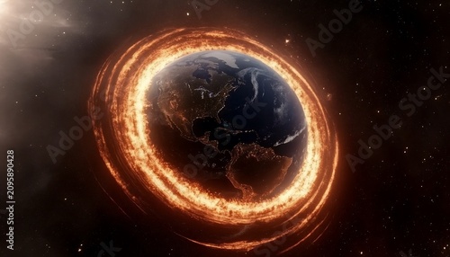 Global warming crisis threatening earth with fiery inferno ring surrounding planet.