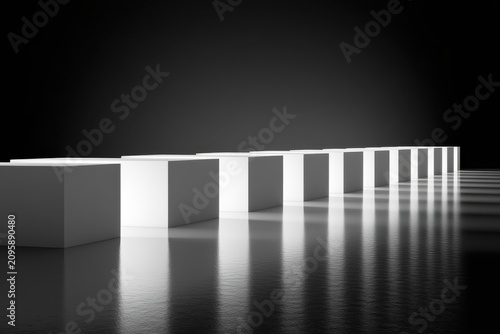 White geometric cubes aligned in a dark minimalist studio with sharp reflections for architectural product branding