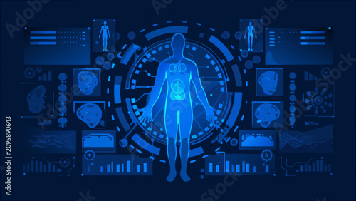 Fotografie Human body silhouette surrounded by diagnostic imagery and circular data display