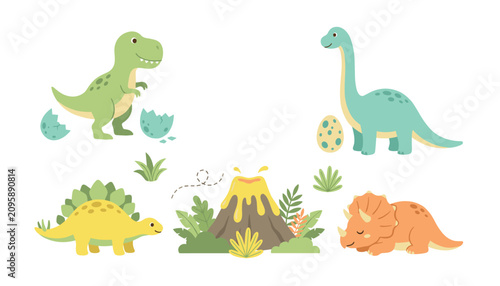 Canvas Print Cute dinosaur cartoon vector collection featuring tyrannosaurus triceratops brac