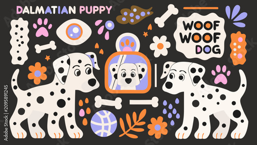 Cuadro en lienzo Dalmatian puppy illustration with paw prints bones and playful elements in a col