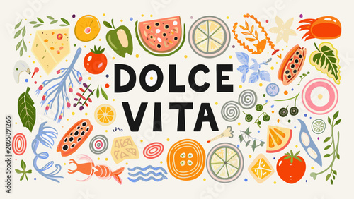 Bild auf Leinwand A vibrant floral ornament featuring fruits and foliage in a colorful vector illu