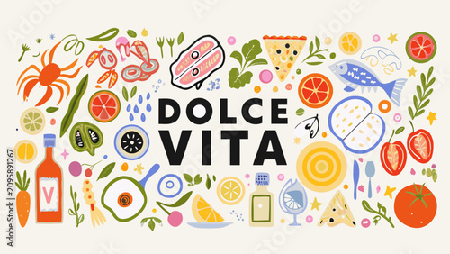 Foto A vibrant vector illustration of mediterranean food items and seafood including
