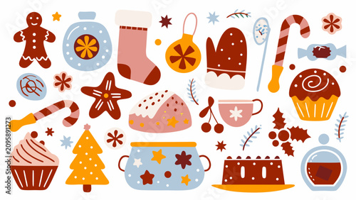 Photography Festive holiday baking elements including gingerbread man candy cane and decorat