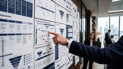 Executive businessman pointing at flowchart diagram during analytics strategy meeting in modern office workspace