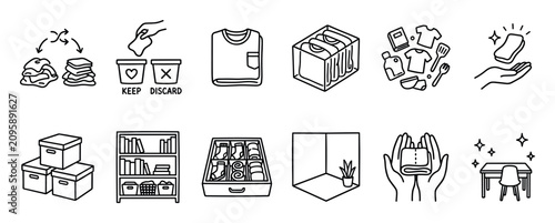 Set of twelve hand-drawn line art icons showing decluttering, organizing, and tidying concepts like folding clothes, sorting items, and cleaning for a minimalist lifestyle