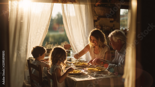  Familia multigeneracional cenando junta en la mesa, sincera. Familia feliz compartiendo comida en el interior con luz cálida; unión familiar y estilo de vida hogareño para seguros.
