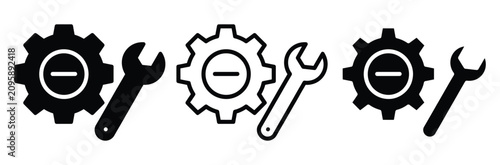 WebGear and wrench maintenance icon set. Cogwheel with minus sign and spanner symbol for system repair service, delete settings, hardware engineering optimization or technical support vector illustrat