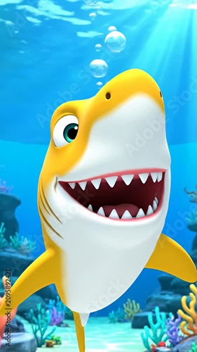 Cartoon yellow shark swimming in bright blue tropical ocean.