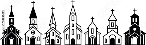 Foto Minimalist church building icons representing spiritual faith and community in a clear flat light on white background