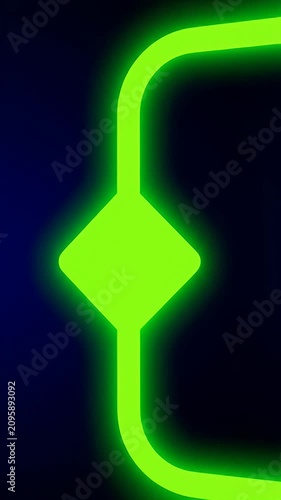 Neon green glowing square frame on dark background.