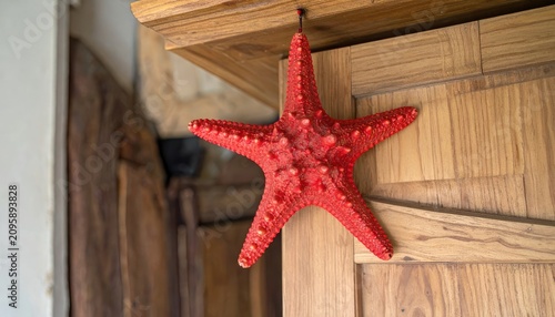 Decorative Red Starfish Ornament Hanging on Wooden Surface.