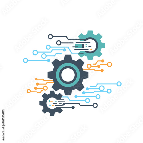Mechanical gears with horizontal digital circuit connections.