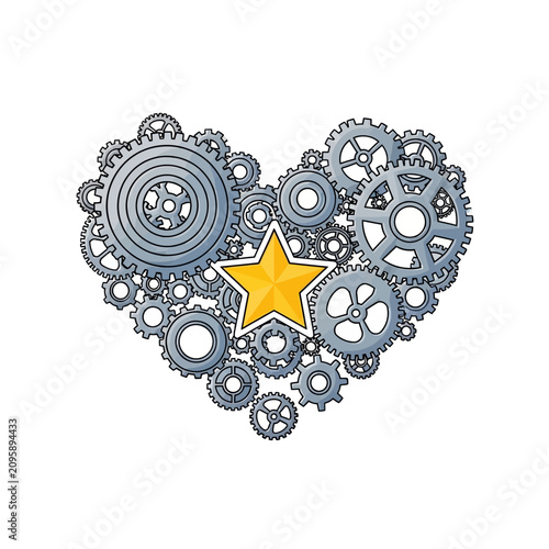Mechanical gear heart with golden star center illustration.