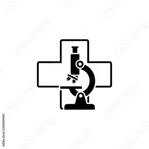 Medical cross icon with microscope for laboratory research.