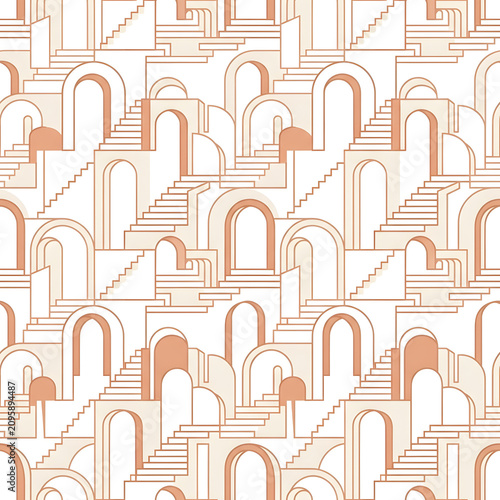 Intricate architectural line art pattern with arches and columns.