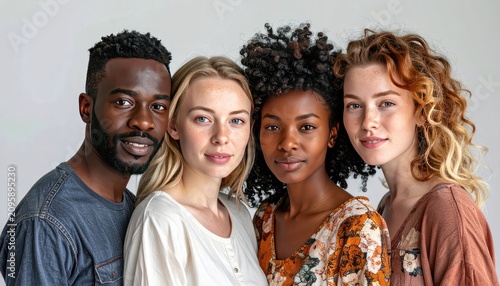 Diverse group of four young adults standing together, smiling gently.