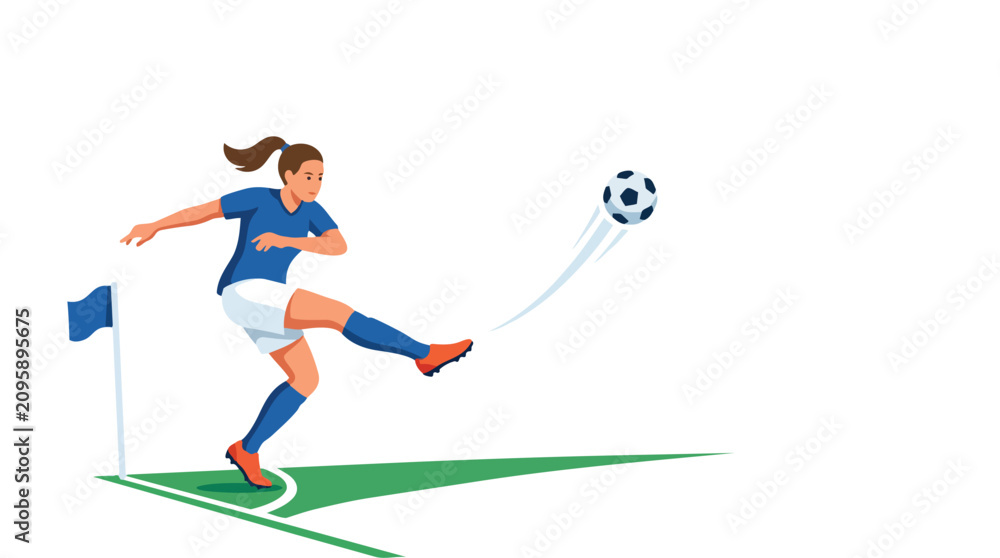 Fototapeta premium Female soccer player kicking the ball from the corner flag.