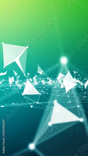 Floating white geometric polygons on teal gradient background.