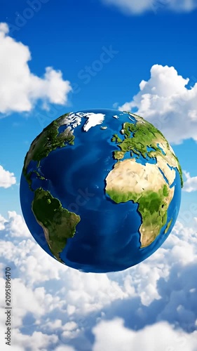 Planet Earth globe floating in bright blue cloudy sky