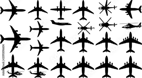 Cuadro en lienzo Large collection of airplane and helicopter black silhouettes from top view and