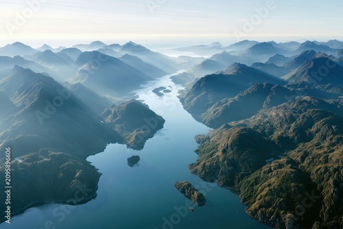 Fjord mountain valley winding through mist under morning light in aerial wide view for tourism marketing
