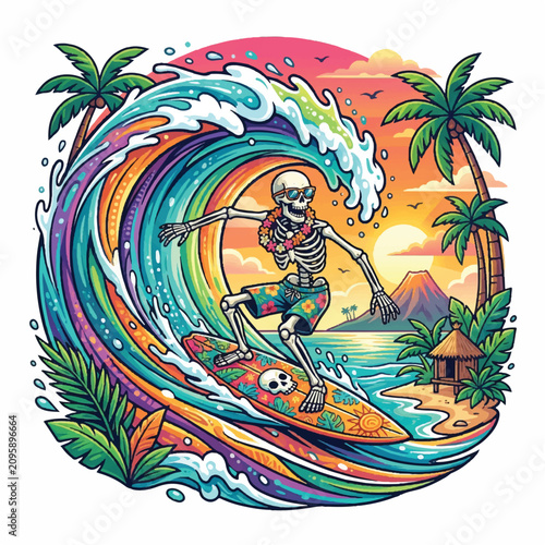 Energetic Skeleton Surfer Riding a Colorful Wave at Sunset Beach Scene.