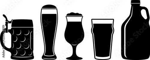 Bilde på lerret Vector silhouette set of craft beer glasses, traditional stein, and growler isolated on white background for brewery menu design