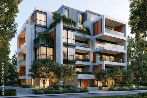 Modern apartment building standing amongst lush trees in an urban neighborhood in a sharp focus architectural shot for real estate marketing