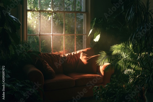 Velvet sofa glowing in golden hour sunlight within a lush botanical living room with soft bokeh for interior design marketing