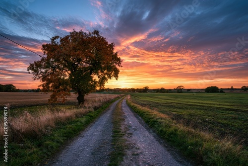 Country dirt road leading toward a solitary tree under a dramatic sunset sky in a wide angle landscape shot for travel and nature tourism marketing