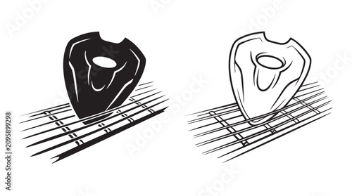 Canvas Print black silhouette with line art vector icon of guitar pick and strings
