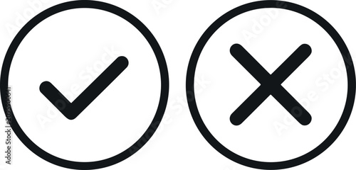 Konstfotografi Minimalist black check mark and cross icons inside circles representing positive or negative feedback on bright white space