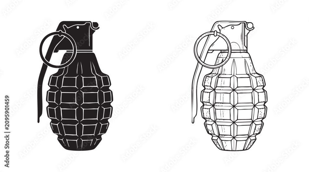 Fototapeta premium grenade black silhouette with line art vector icon featuring weapon, explosive, military